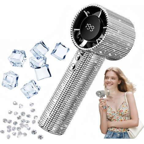 Ventilateur portable à main décoré de strass, ventilateur turbo rechargeable USB avec écran digital LED, 199 vitesses réglables, ventilateur brillant compact pour plage, camping, extérieur et usage (1/5)
