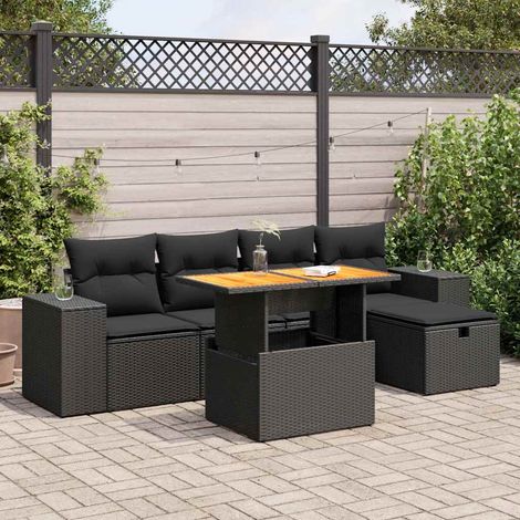 vidaXL Set sofás jardín y cojines 6 pzas ratán sintético acacia negro (1/5)