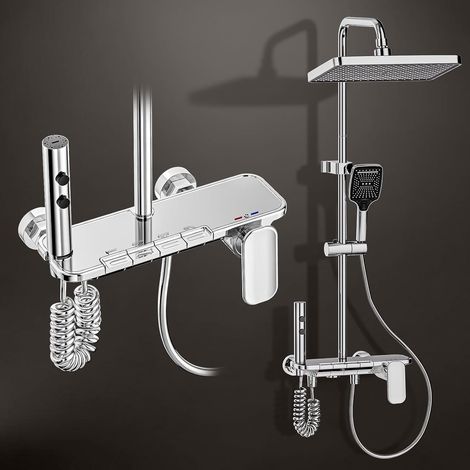 Colonne de Douche pour Salle de Bain, Colonne Douche 4 Modes - Tête Carrée de Douche, Jet, Robinet et Pommeau de Douche, Laiton, Chromé (1/5)