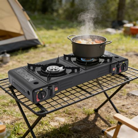 Hornillo de camping portátil, hornillo de camping con bandeja para hornear y estuche de transporte, hornillo de camping de 2 quemadores (1/5)