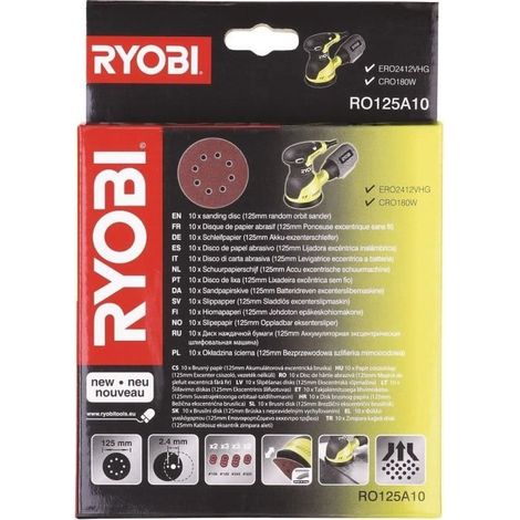 RYOBI - 10 discos de diámetro 125 mm autoadhesivos para lijadora excéntrica, grano 100 / 120 / 240 / 320 - RO125A10