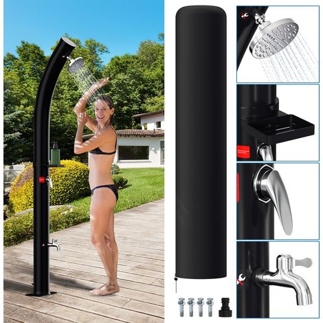 Wolketon Solardusche 20L mit gebogener Standsäule & Seifenschale - inkl. Abdeckhaube und Drain Stop (Gartendusche, Pooldusche, Camping)