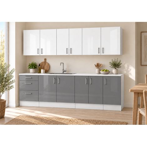 Küchenzeile 220 cm, 7 Schränke, Grau Hochglanz unten / Weiß Hochglanz oben, ohne Arbeitsplatte (1/5)