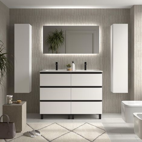 Meuble de salle de bain BEQUIA METAL 3C 120cm Blanc mat Vasque Porcelaine Centrale (1/5)