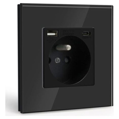 Presa a muro con USB e 1 porta Type-C, alimentazione CA nera con pannello in vetro cristallo, ciabatta multipresa con USB (max 2.1A), adatta per smartphone e tablet