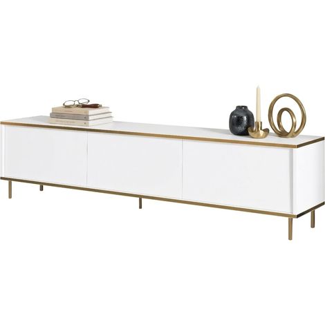 Mueble para TV Sassello, 3 puertas con acabados en oro, 3 compartimentos, 180x35x45h cm blanco