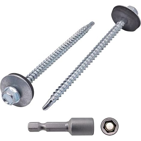 vis DIN 7504-K acier zingué 4,8 x 80 mm rondelles EPDM, tête de rondelle hexagonale, vis à tôle autotaraudeuses, argenté (1/5)