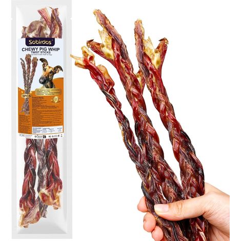 3 Pieces Pork Whip Dog Treats 28cm Each 60g Total Snacks for Heavy Chewing Dogs (1/5)