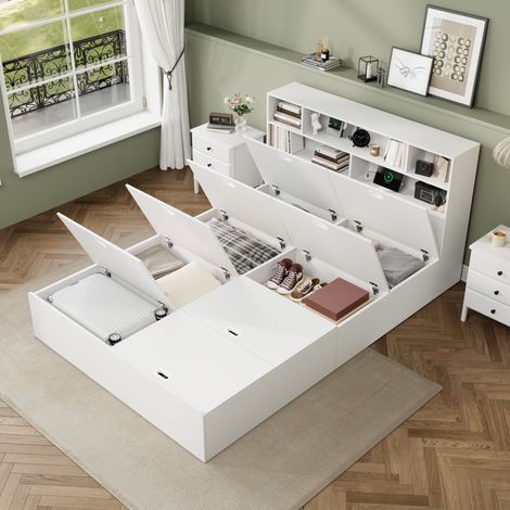 Lit coffre 140x200 cm blanc bois massif avec USB, rangement sous lit et espace stockage sans matelas (1/5)
