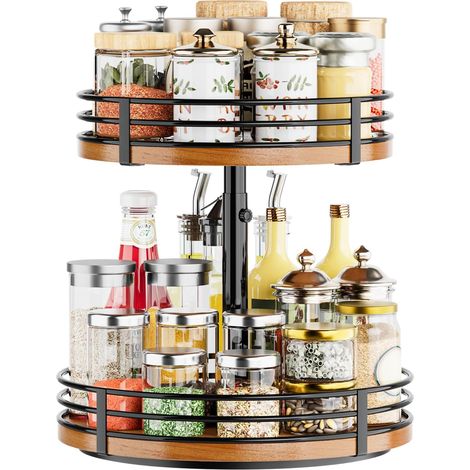 Lazy Susan Organiseur de plateau tournant réglable – Étagère à épices rotative en bois à 2 niveaux de 30,5 cm pour comptoir de cuisine, garde-manger, placard, table de salle de bain, café, bar