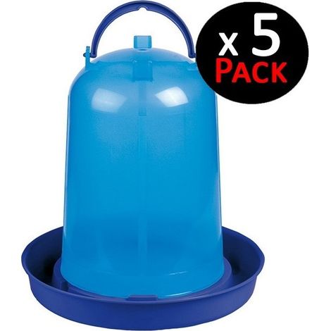 Pack de 5 Bebederos para Gallinas 3 Litros  23x22 cm  Plástico Resistente  Ideal para Terreno o Colgar  Sin Patas  Azul (1/5)