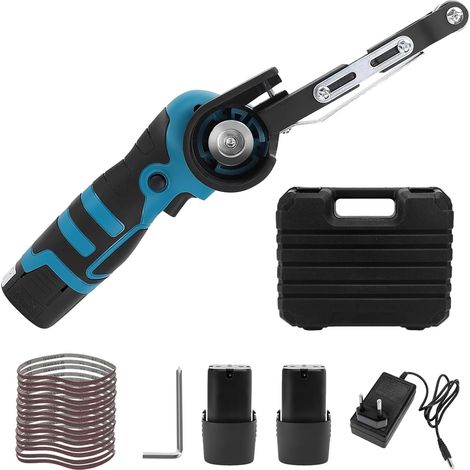 Ponceuse à bande sans fil, avec 15 bandes abrasives (granulométrie de 80 à 1000), 2 batteries + chargeur, batterie lithium-ion 16,8V, Ponceuse à bande, 7000 tr/min, mini ponceuse pour bois, métal et (1/5)
