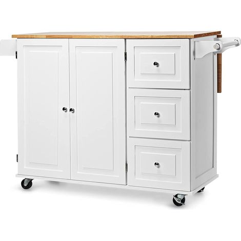 Goplus – Desserte de cuisine sur roulettes – Armoire 3 niveaux et 3 tiroirs – 2 planches réglables – Plateau pliable – Bois de caoutchouc – Blanc – 136 x 76 x 91 cm (1/5)