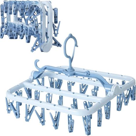 Étendoir à linge pliable à pinces en plastique avec 32 pinces Cintre à pinces résistant au vent pour sous-vêtements, chaussettes et soutiens-gorge (bleu) (1/5)