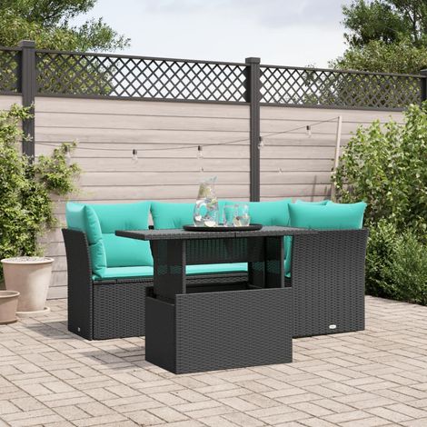 5-teiliges Gartensofa-Set mit Kissen, schwarzes Polyrattan (1/5)