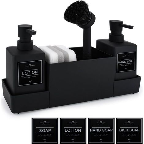 Distributeur de savon noir Ensemble 4 en 1 Plastique robuste Pompe manuelle anti-éclaboussures Cuisine et salle de bain (1/5)
