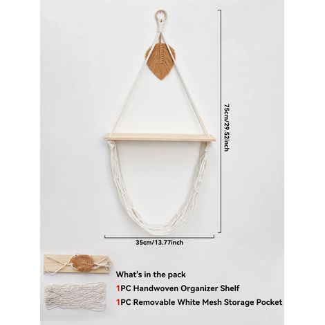 (Étagère M03570) Étagère murale bohème en macramé avec panier en filet, étagère flottante en bois pour la décoration de la maison, de la chambre au salon, et le rangement de la cuisine - Idée cadeau (1/5)