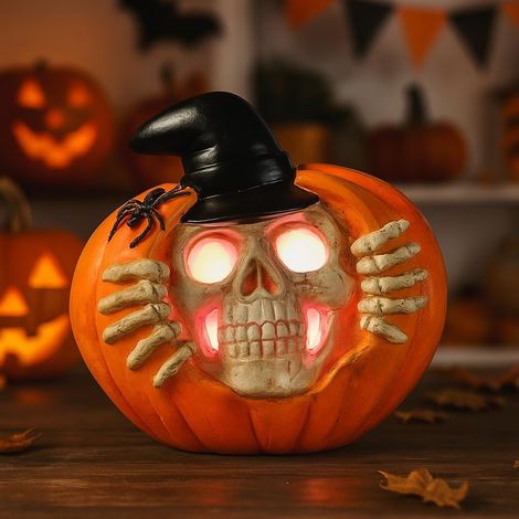 Citrouille Squelette Halloween LED avec Araignée et Chapeau, Déco Résine Table Intérieure Lumineuse (1/5)