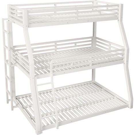 Cama litera triple de metal blanca 140 x 200 cm con escaleras y barandillas (1/5)