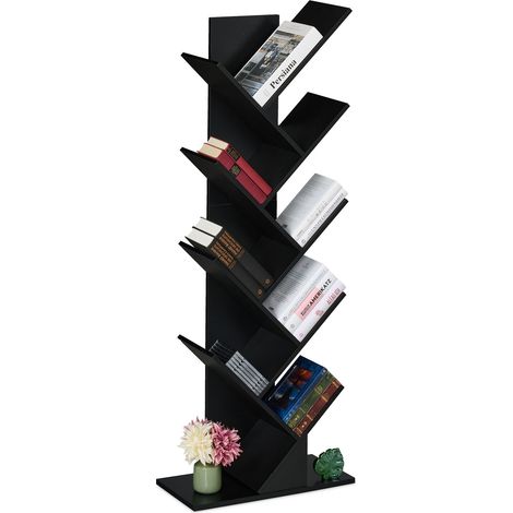 Relaxdays Scaffale Libreria, Mobile Stretto da Terra con 9 Ripiani ad Albero per Libri, CD, HLP: 146x38x22 cm, Nero (1/5)