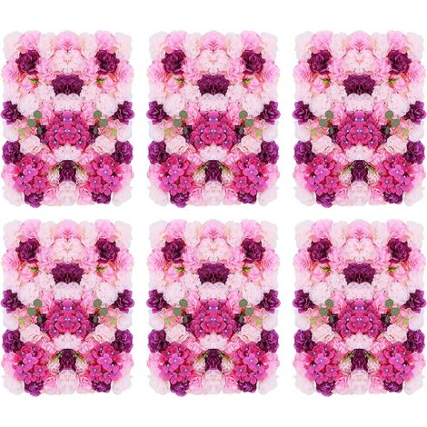 6Pcs Artificial Flower Wall 60x40cm Flower Panels with Realistic Dahlias, Hydrangeas & Eucalyptus, Plastic Floral Arrangements Backdrop Walls for Wedding Backdrops Party Decor Outdoor, Pink Purple (1/5)