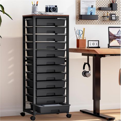 Chariot de bricolage mobile à 12 tiroirs avec plateau en bois, idéal pour l'ordre dans la maison et le bureau ,Noir