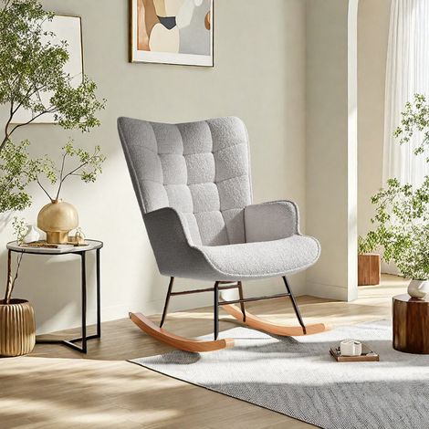 Fauteuil à bascule gris à dossier haut et motif à carreaux–75 x 68 x 92 cm–Pieds en bois–Molleton–Mousse haute densité–Style moderne/scandinave (1/5)