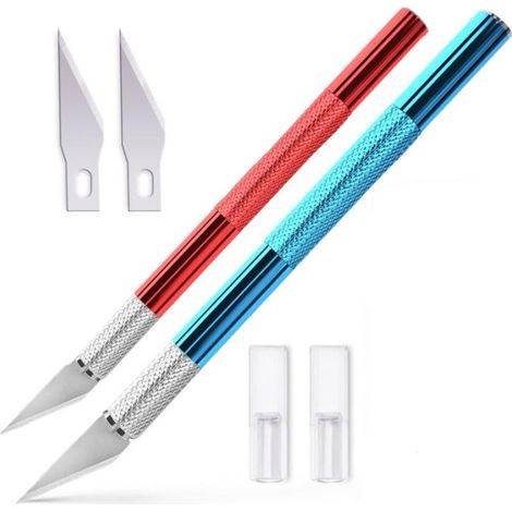 2 Pcs Scalpel en Rouge et Bleu - cutter de précision/couteau modelisme pour couper du papier, des modèles, du film de fenêtre, du fondant, des tissus, etc. (1/5)