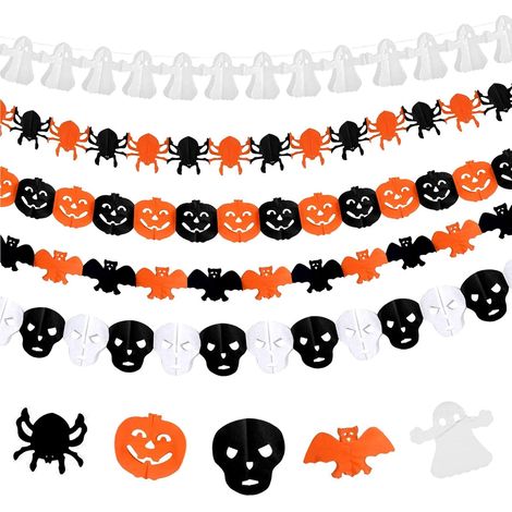 Guirlande Halloween - Décoration en papier avec citrouilles chauves-souris araignées et fantômes - 3 m - Noir Orange Blanc - Lot de 5