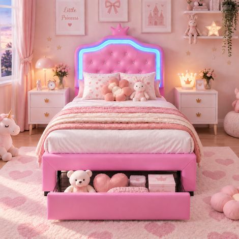 Lit princesse 90x200cm en pu, lit fille rose avec tiroir, lit enfant simple avec led, tête de lit hauteur réglable, sommier à lattes