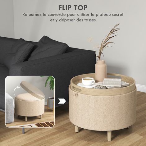 Pouf rond repose-pied coffre rangement plateau réversible 3-en-1 pieds bois beige