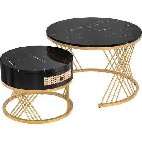 Table basse ronde 2 en 1 en MDF, servant également de table d'appoint avec plateau en marbre et tiroirs en rotin synthétique. Poignées en bois massif. Pieds en fer doré. 70 x 70 x 45,5 cm + 50 x 50 x 