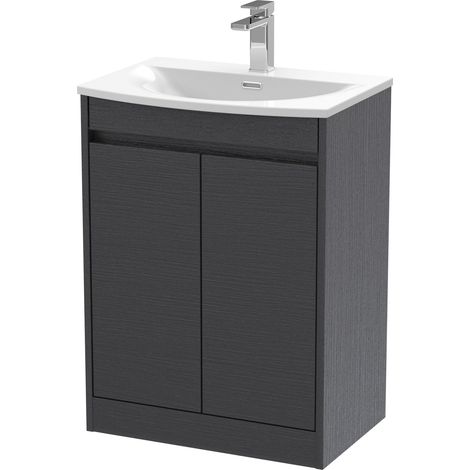 Chartley Contemporary Floor Standing 2 Door Vanity Basin Unit, Curved Basin, 600mm, Woodgrain Graphite Grey