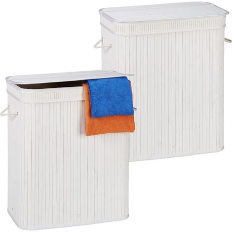 2x Cesto Portabiancheria con Coperchio, 2 Scomparti, Contenitore Panni, Traspirante, 95 Litri, Bambù, Bianco