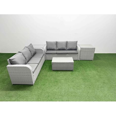 Fimous Outdoor Garden Furniture Sets 6 Seater Wicker Rattan Furniture Sofa Sets with Rectangular Coffee Table high Back Lounge Sofa 2 Side Table Light Grey (1/5)
