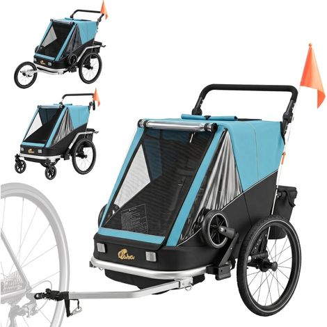 Rimorchio bici per bambini 2 in 1, 2 posti, pieghevole, con schienale regolabile, blu (1/5)