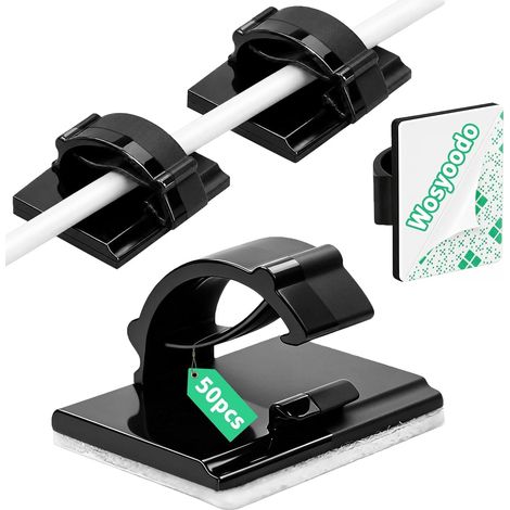 50 Pièces Autocollant Clips Câbles, Attache Câble Adhésif 21x17mm – Fixation Guirlandes Lumineuses, Rangement Câbles, Gestion de Câbles Bureau, Intérieur et Extérieur (Noir) (1/5)