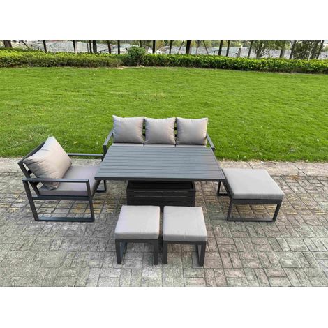 Fimous Aluminum Outdoor Dining Set Patio Dining Furniture Set Includes Adjustable Rising Lifting Dining Table Chairs with 3 Footstools (1/5)