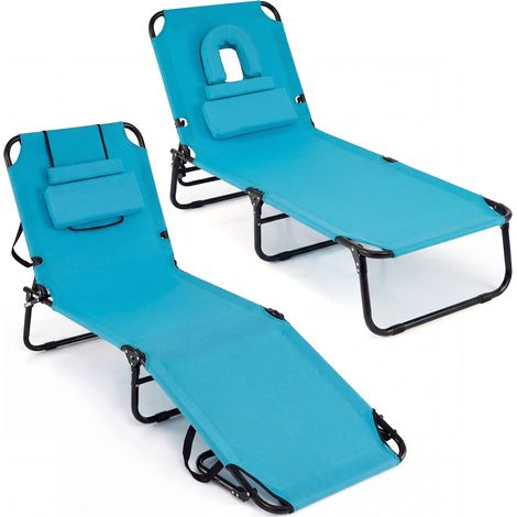 Lot de 2 chaises longues bleu marine pliantes en tissu Oxford avec trou facial et 3 coussins amovibles pour plage piscine et jardin (1/5)