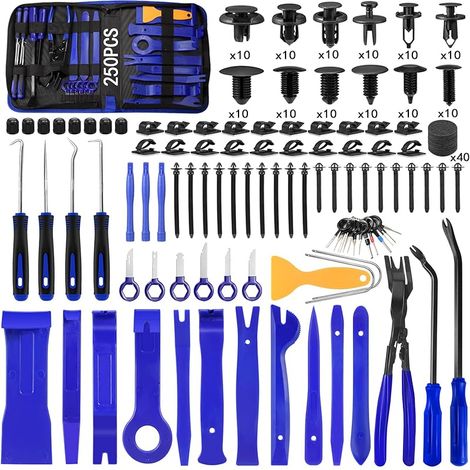 250 PCS Outils de démontage de voiture, Démontage de Garnitures pour Panneau Suppression Installation Garniture Intérieure Outils avec Rivet Clips Plastique pour Radio De Bord De Voiture (Bleu) (1/5)