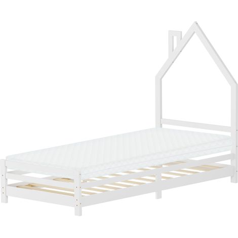 ML-Design Letto per Bambini 90x200 cm in Legno di Pino Bianco con Testiera a Forma di Casetta, Materasso 10 cm e Rete a Doghe, Letto Singolo Basso Montessori, Struttura Lettino per Bambini