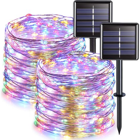 Juego de 2 guirnaldas de luces solares para exteriores, cable de cobre, resistentes al agua, 7 metros por guirnalda, 50 LED (luz de colores) (1/5)