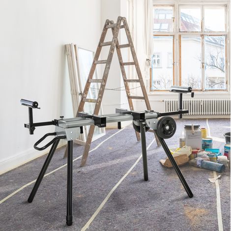 Support de scie à onglet pliable 245x73x96 cm en acier noir, réglable, pour atelier stable – MEUBLIV (1/5)