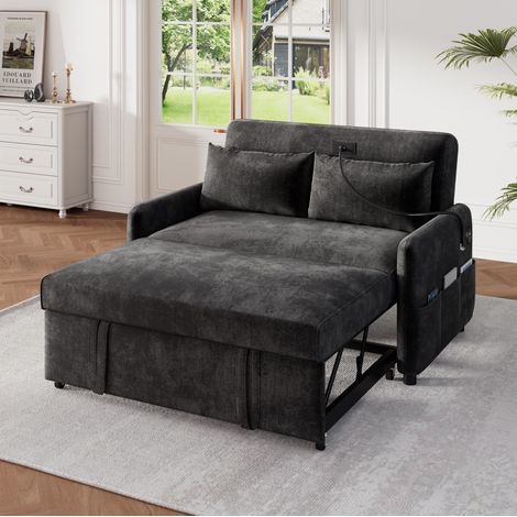 Zusatzsofa 129x163 cm graue Chenille, auf Rollen, 3-fach verstellbare Rückenlehne und USB-Anschlüsse (1/5)