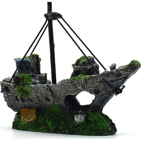 Ornement décoratif, décoration d'aquarium, décoration de voilier, petit bateau en résine, bateau-filet, aquarium, environ 14,5 cm de longueur, 5,5 cm de largeur, 12 cm de hauteur, bateau pirate, 1 piè (1/5)