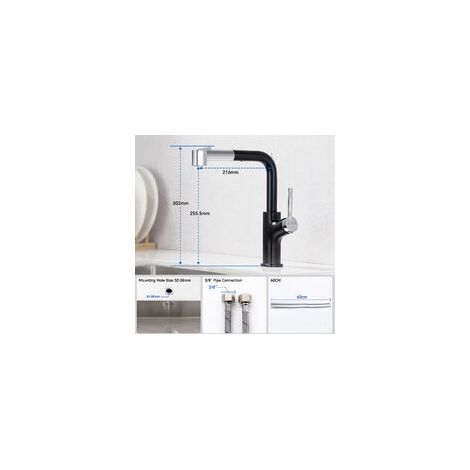 Robinet de cuisine avec douchette extractible, double bec, mitigeur évier extractible, bec haut orientable 360°, avec mousseur amovible 1 pièce (1/2)