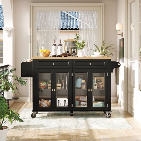 Carro de cocina 140/44,5/90 cm negro con ruedas y puertas de vidrio, tablero extensible y gran almacenaje (1/5)