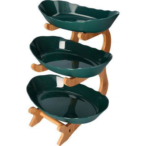Alzata a 3 livelli in bambù con ciotole per frutta e snack, verde bottiglia, 352621 cm (1/5)