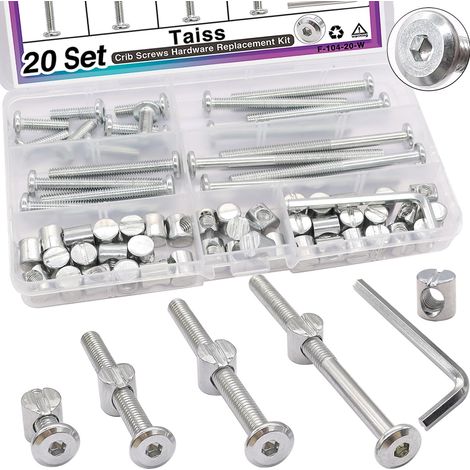 20 ensembles de vis de lit de bébé M6x20mm/40mm/60mm/80mm Kit de remplacement de matériel de vis de lit de bébé, boulons de vis hexagonaux à l'intérieur avec écrou de tête ronde/clé hexagonale (1/5)