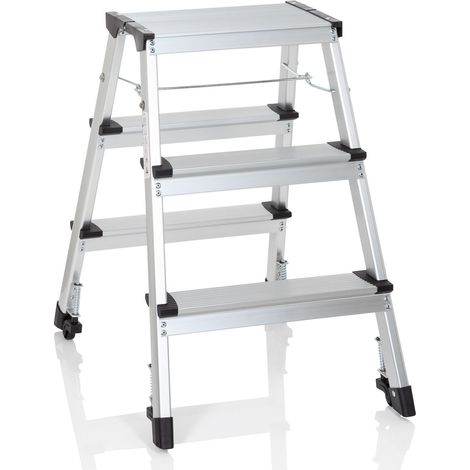 Doppelseitige Klappleiter auf 4 Rollen SOLID IV Aluminium 3 Stufen hjh OFFICE